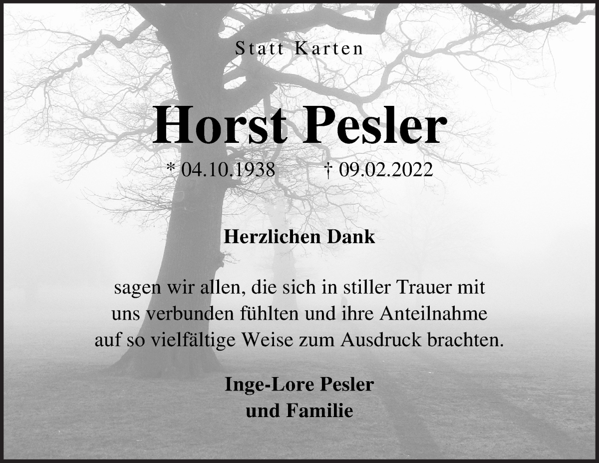 Traueranzeige von Horst Pesler von WESER-KURIER