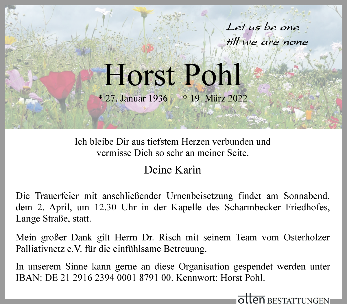  Traueranzeige für Horst Pohl vom 26.03.2022 aus Osterholzer Kreisblatt