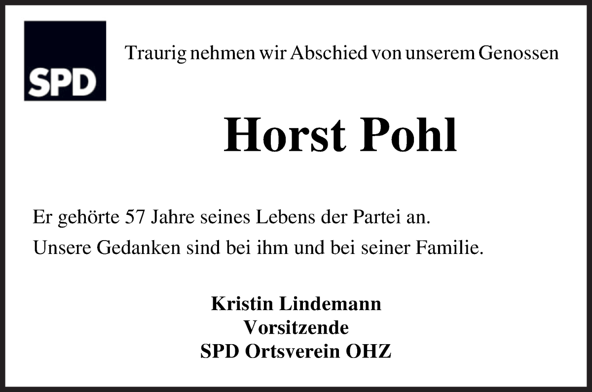  Traueranzeige für Horst Pohl vom 31.03.2022 aus Osterholzer Kreisblatt