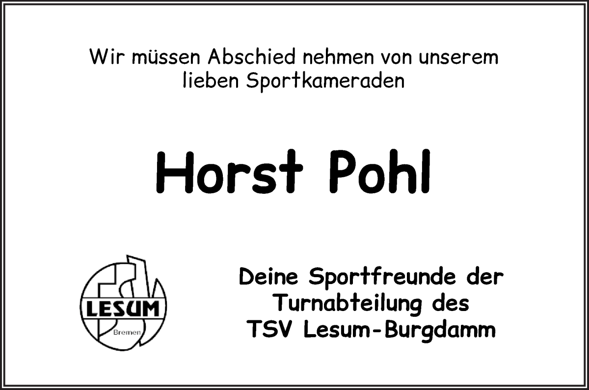  Traueranzeige für Horst Pohl vom 31.03.2022 aus Die Norddeutsche