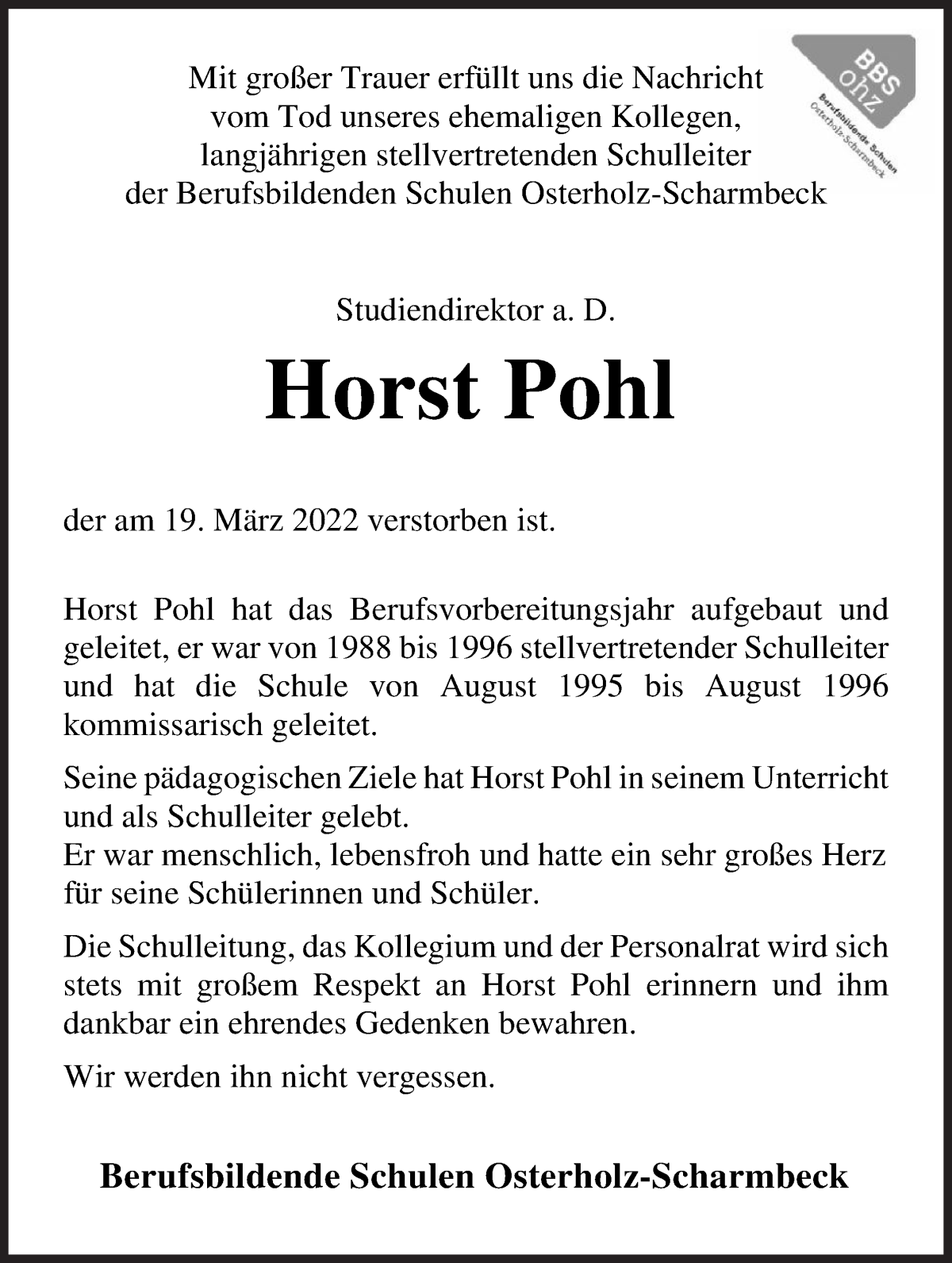  Traueranzeige für Horst Pohl vom 26.03.2022 aus Osterholzer Kreisblatt