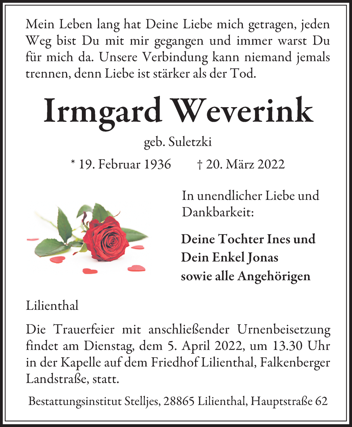  Traueranzeige für Irmgard Weverink vom 26.03.2022 aus Wuemme Zeitung