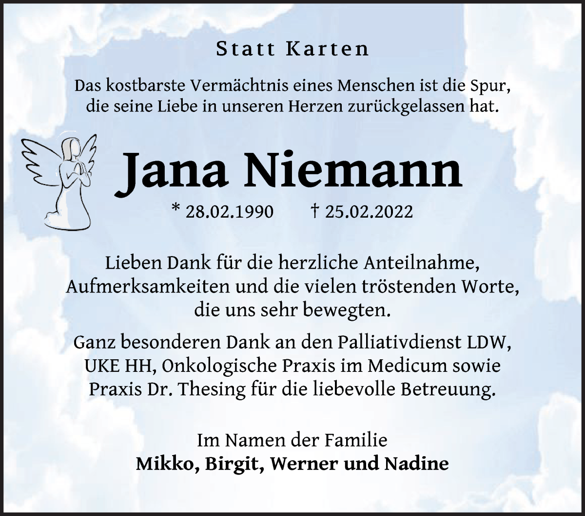  Traueranzeige für Jana Niemann vom 26.03.2022 aus WESER-KURIER