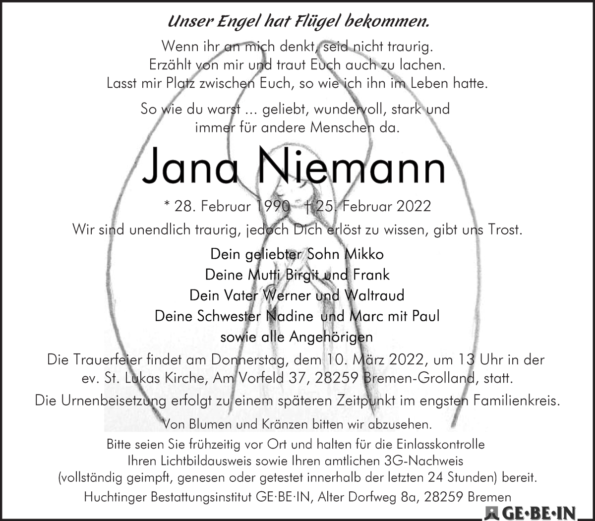  Traueranzeige für Jana Niemann vom 05.03.2022 aus WESER-KURIER