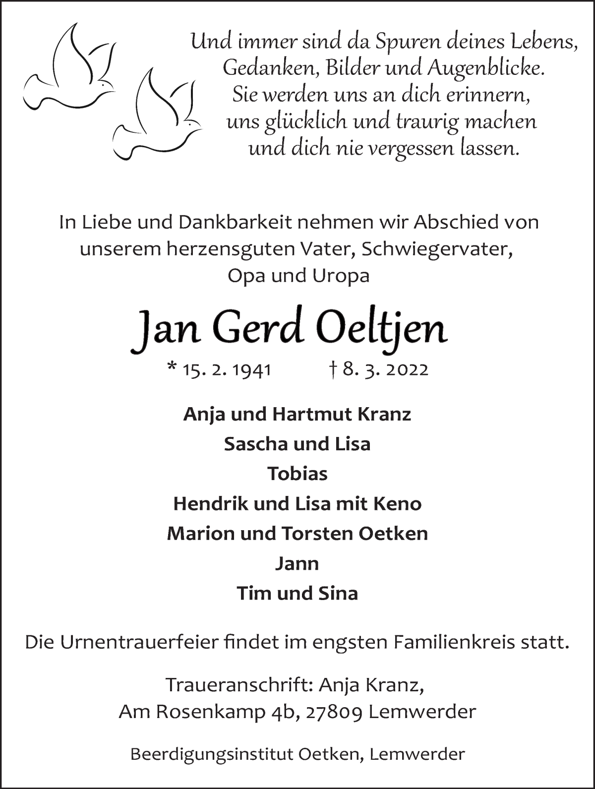 Traueranzeige von Jan Gerd Oeltjen von Die Norddeutsche