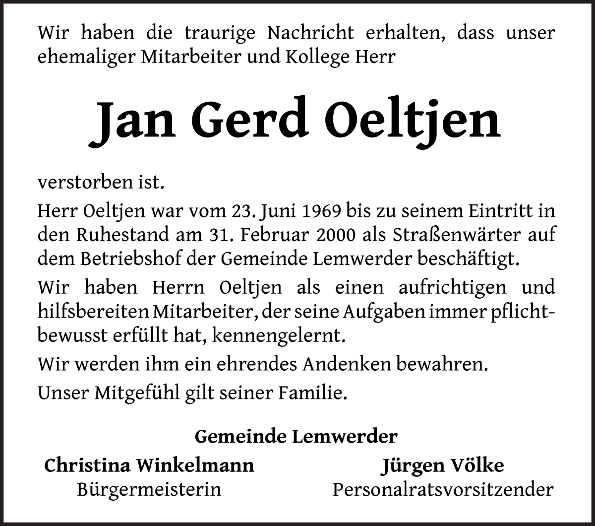 Traueranzeige von Jan Gerd Oeltjen von Die Norddeutsche