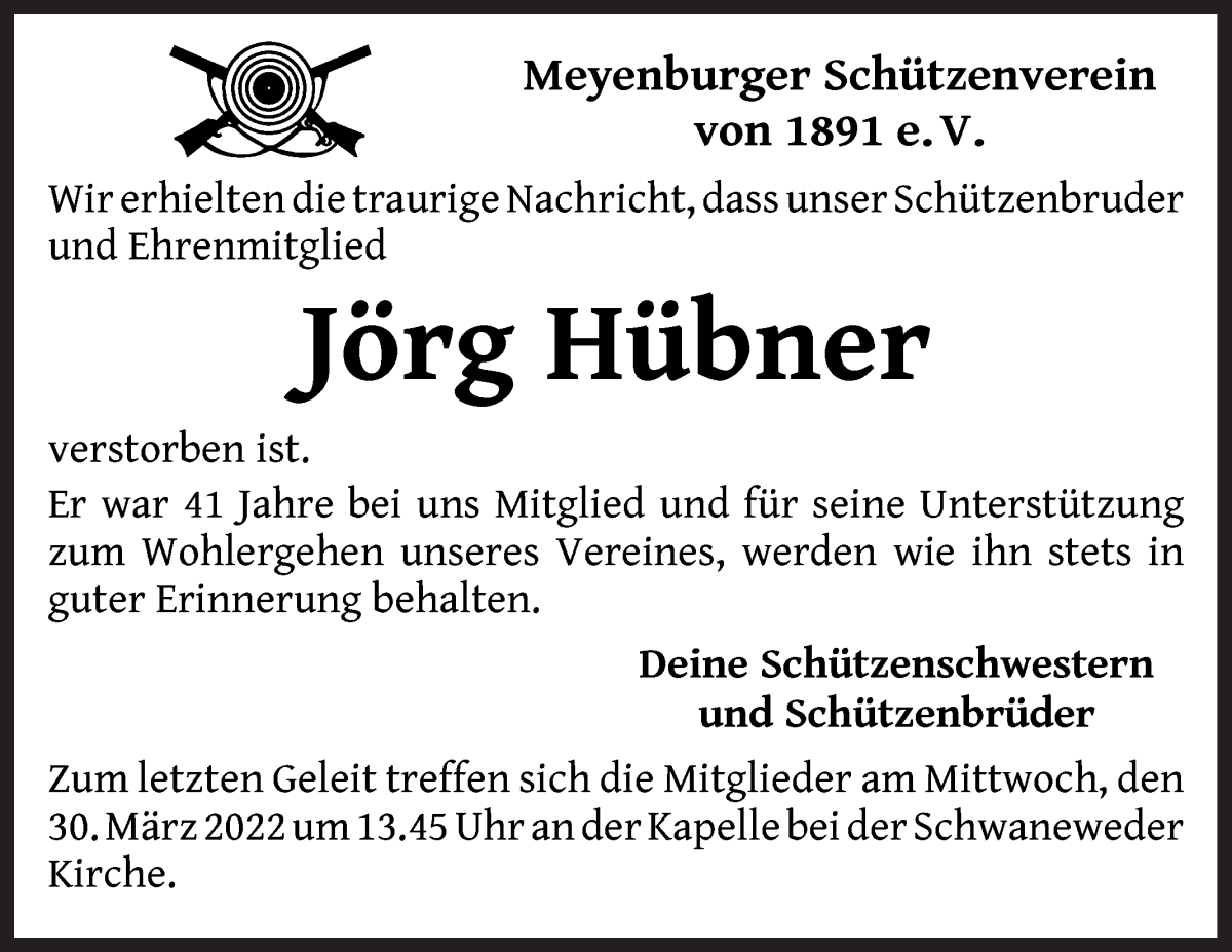  Traueranzeige für Jörg Hübner vom 26.03.2022 aus Die Norddeutsche