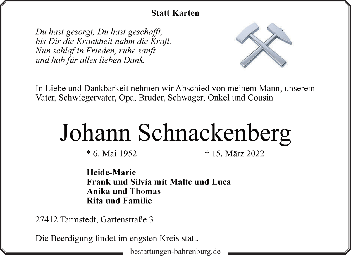 Traueranzeige von Johann Schnackenberg von Wuemme Zeitung