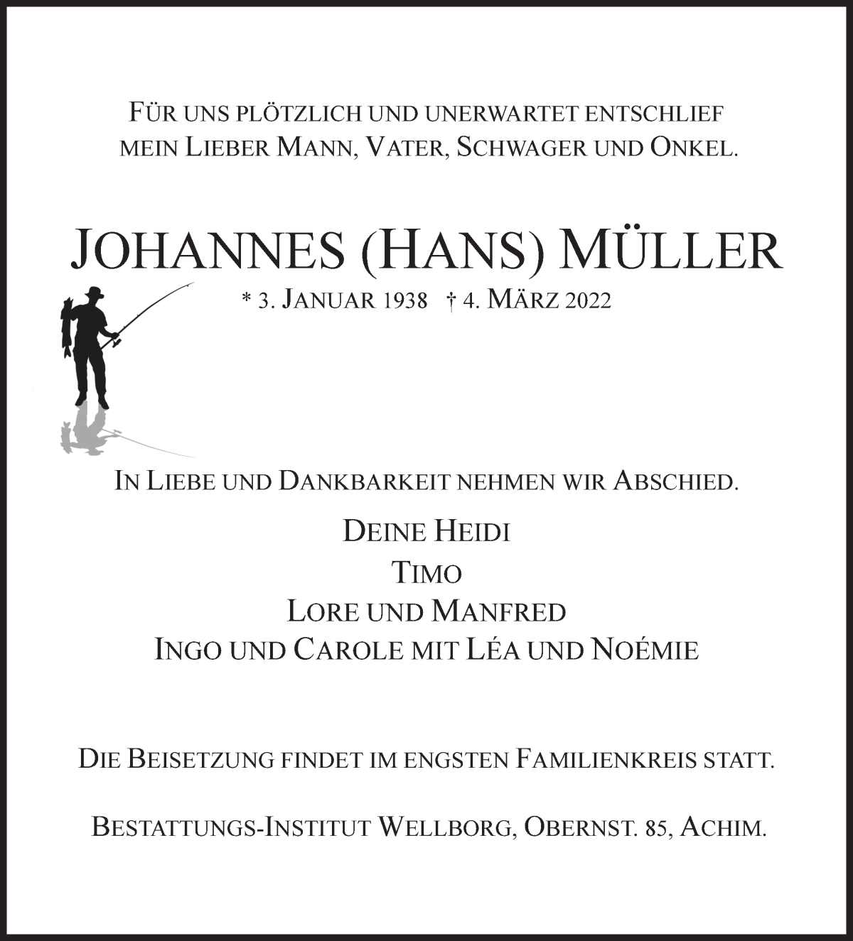  Traueranzeige für Johannes Müller vom 12.03.2022 aus WESER-KURIER