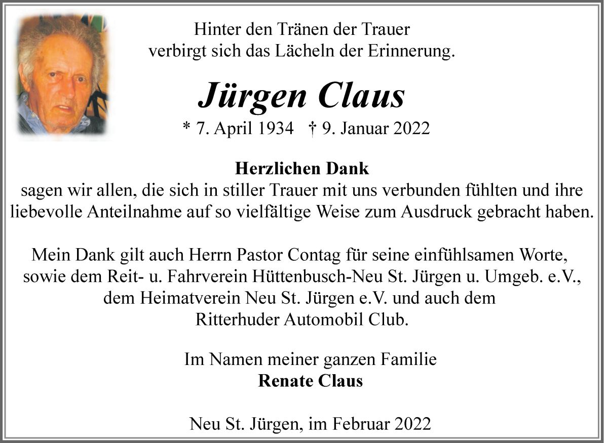  Traueranzeige für Jürgen Claus vom 05.03.2022 aus Wuemme Zeitung