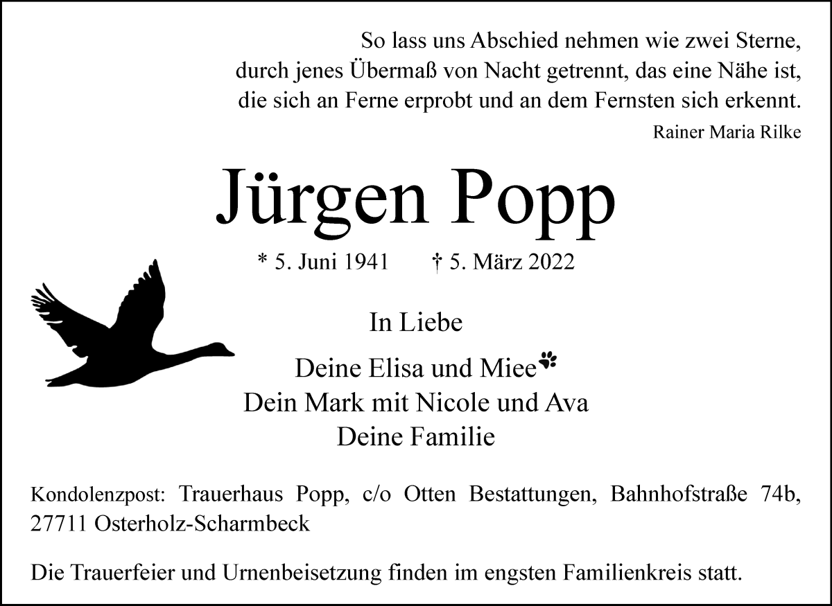  Traueranzeige für Jürgen Popp vom 15.03.2022 aus WESER-KURIER