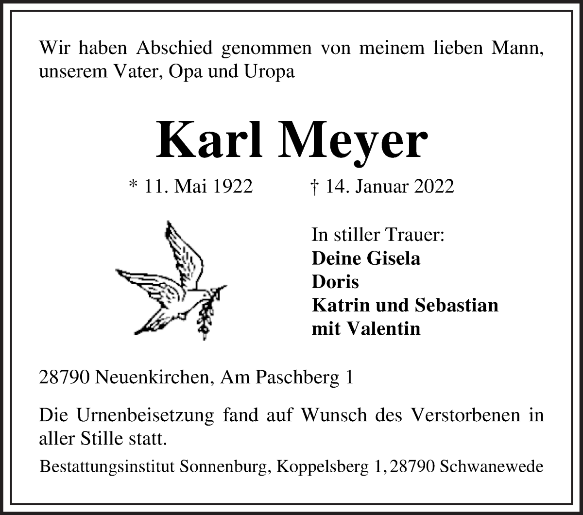 Traueranzeige von Karl Meyer von Die Norddeutsche