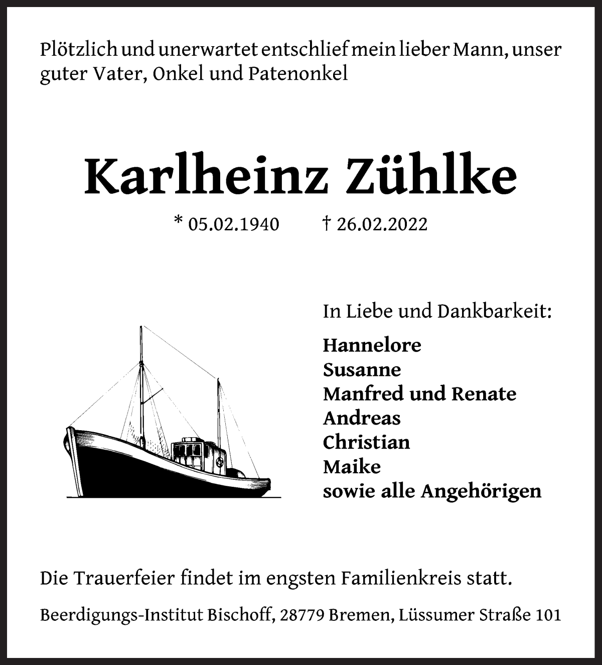  Traueranzeige für Karlheinz Zühlke vom 05.03.2022 aus Die Norddeutsche