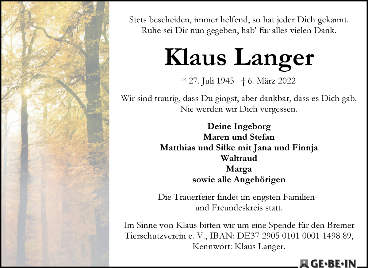  Traueranzeige für Klaus Langer vom 12.03.2022 aus WESER-KURIER