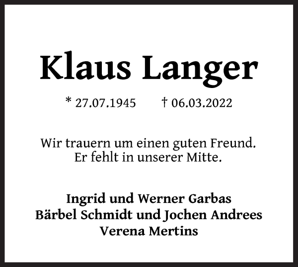 Traueranzeige von Klaus Langer von WESER-KURIER