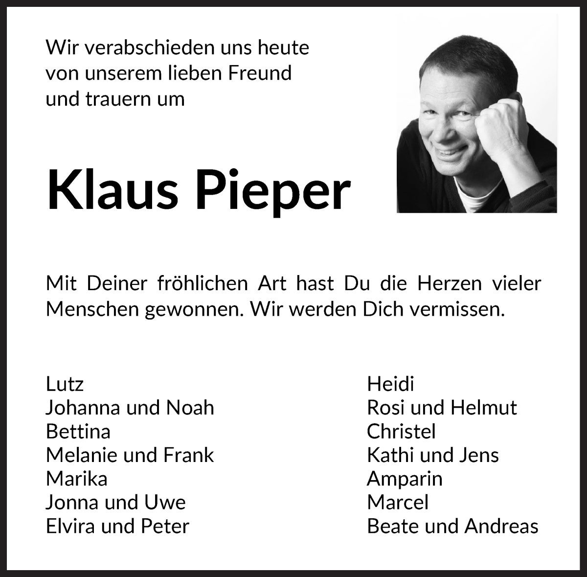 Traueranzeige von Klaus Pieper von Achimer Kurier/Verdener Nachrichten