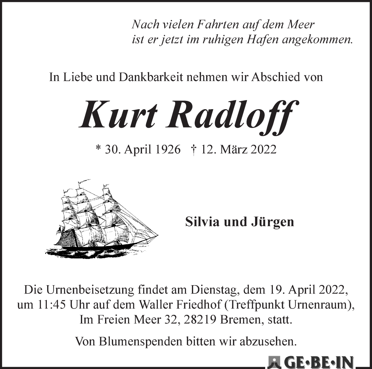 Traueranzeige für Kurt Radloff vom 19.03.2022 aus WESER-KURIER