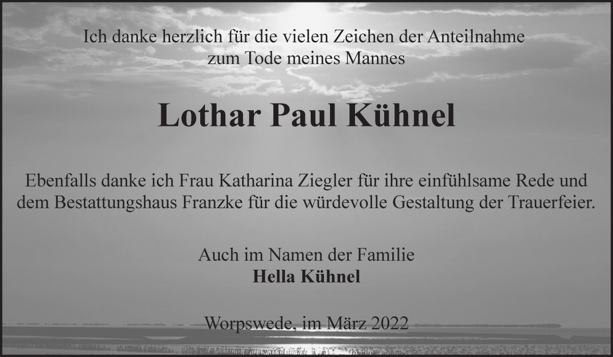  Traueranzeige für Lothar Paul Kühnel vom 26.03.2022 aus Wuemme Zeitung