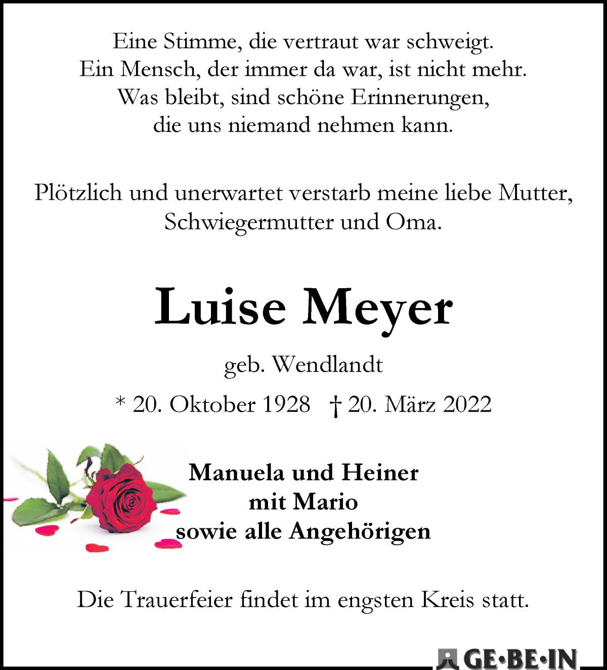  Traueranzeige für Luise Meyer vom 26.03.2022 aus WESER-KURIER