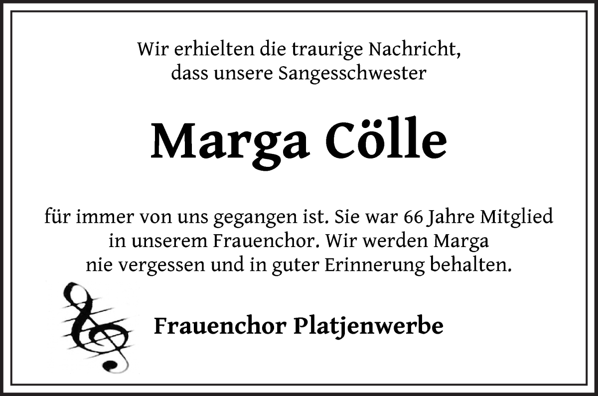 Traueranzeige von Marga Cölle von Die Norddeutsche