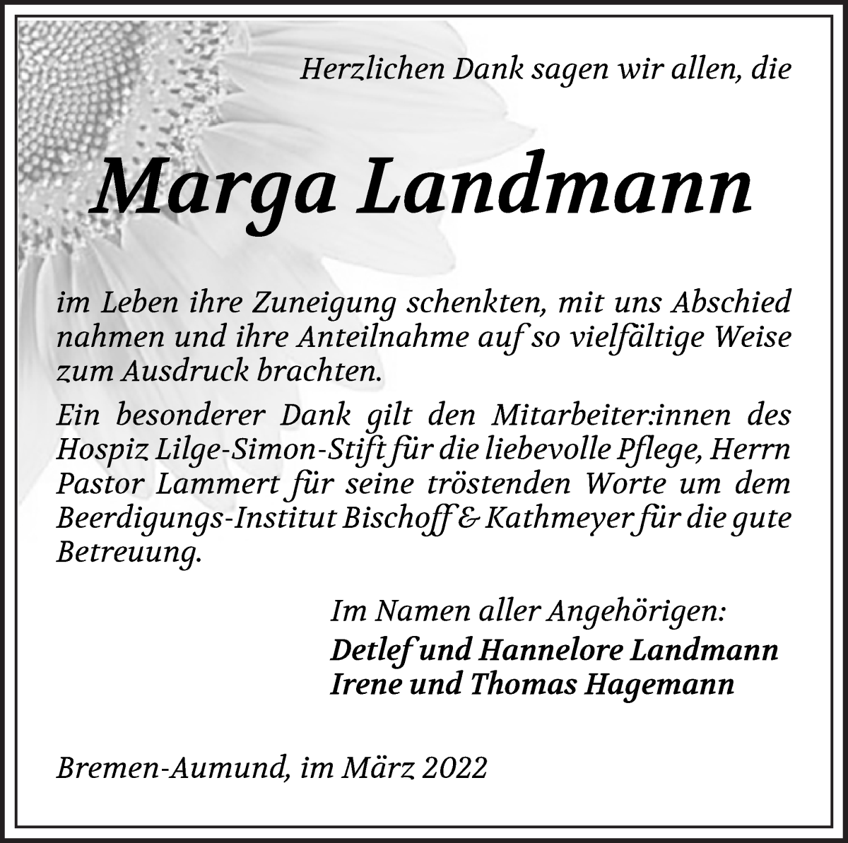 Traueranzeige von Marga Landmann von Die Norddeutsche