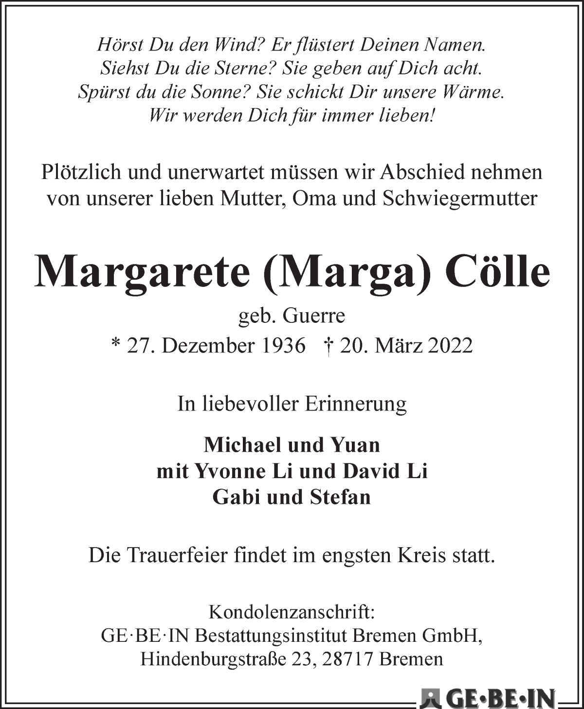 Traueranzeige von Margarete Cölle von Die Norddeutsche