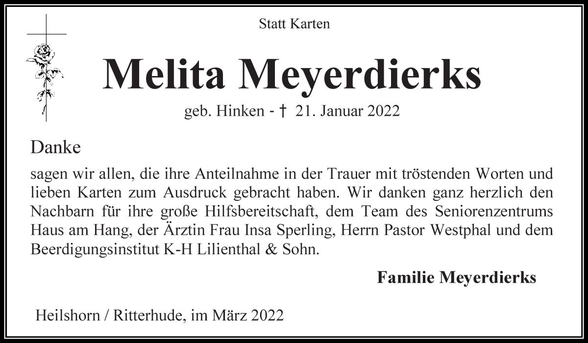  Traueranzeige für Melita Meyerdierks vom 26.03.2022 aus Osterholzer Kreisblatt