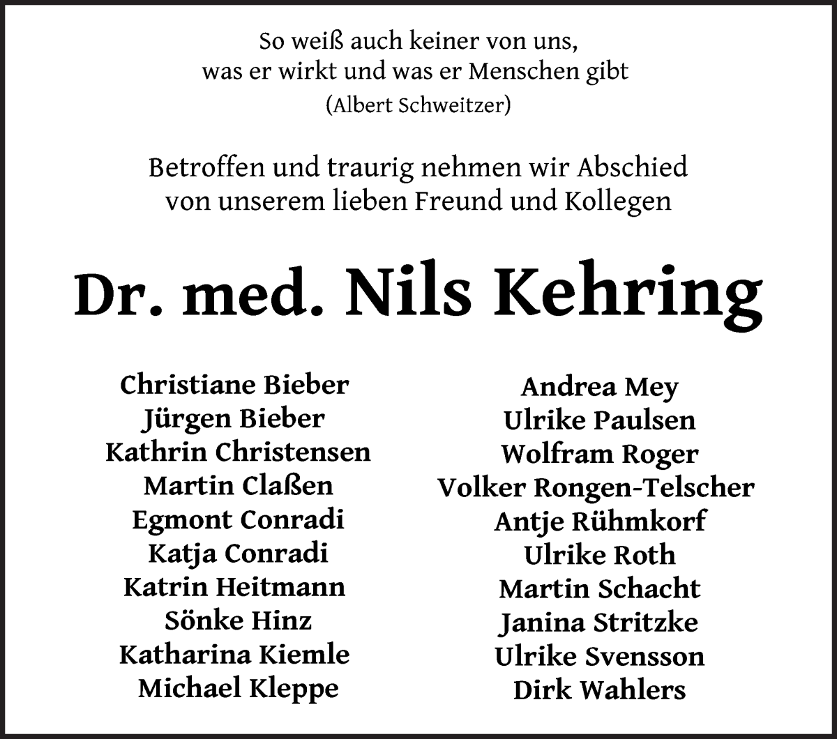 Traueranzeige von Dr. Nils Kehring von WESER-KURIER