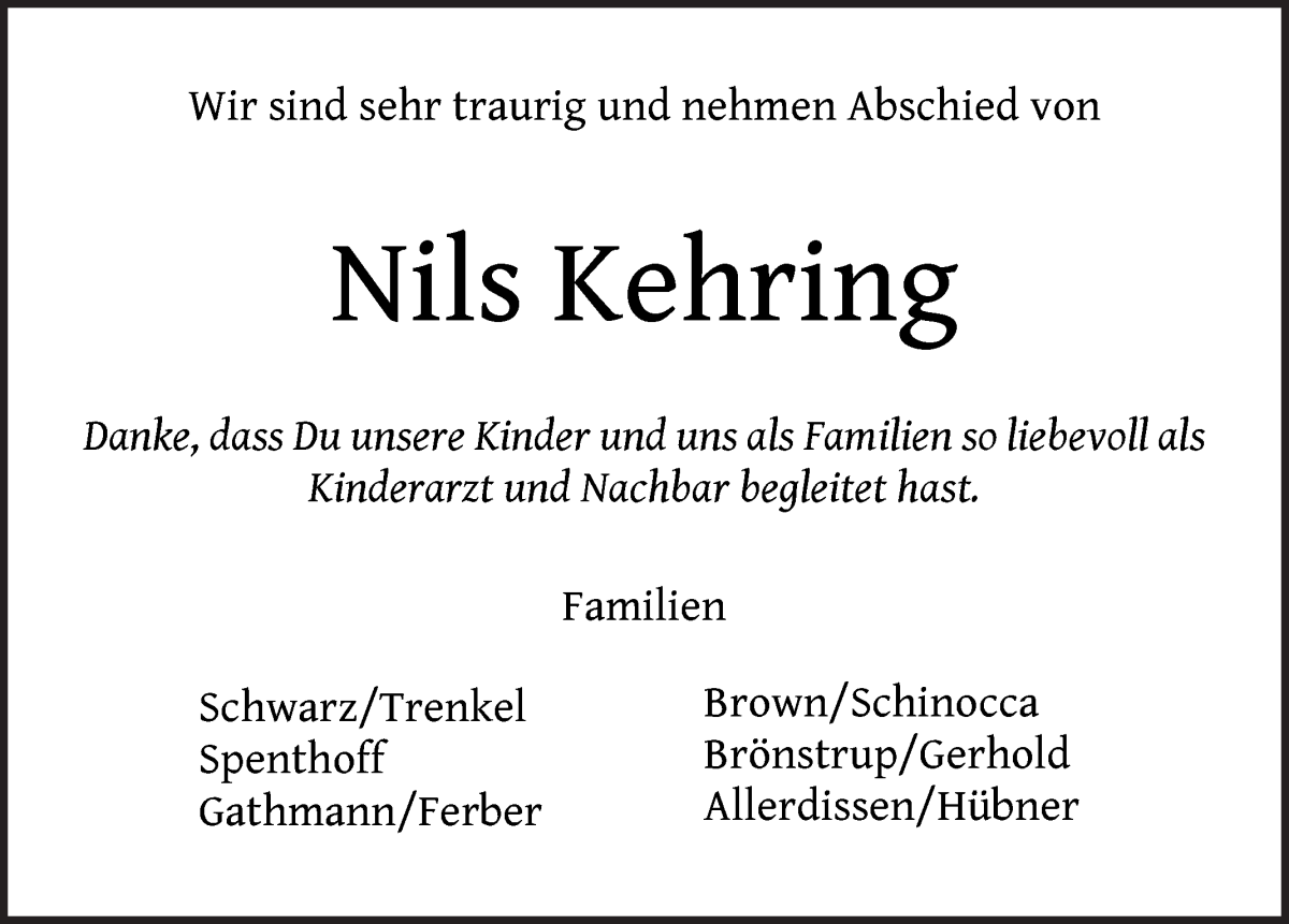 Traueranzeige von Dr. Nils Kehring von WESER-KURIER