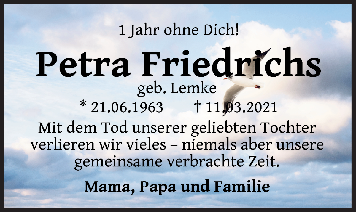 Traueranzeige von Petra Friedrichs von WESER-KURIER