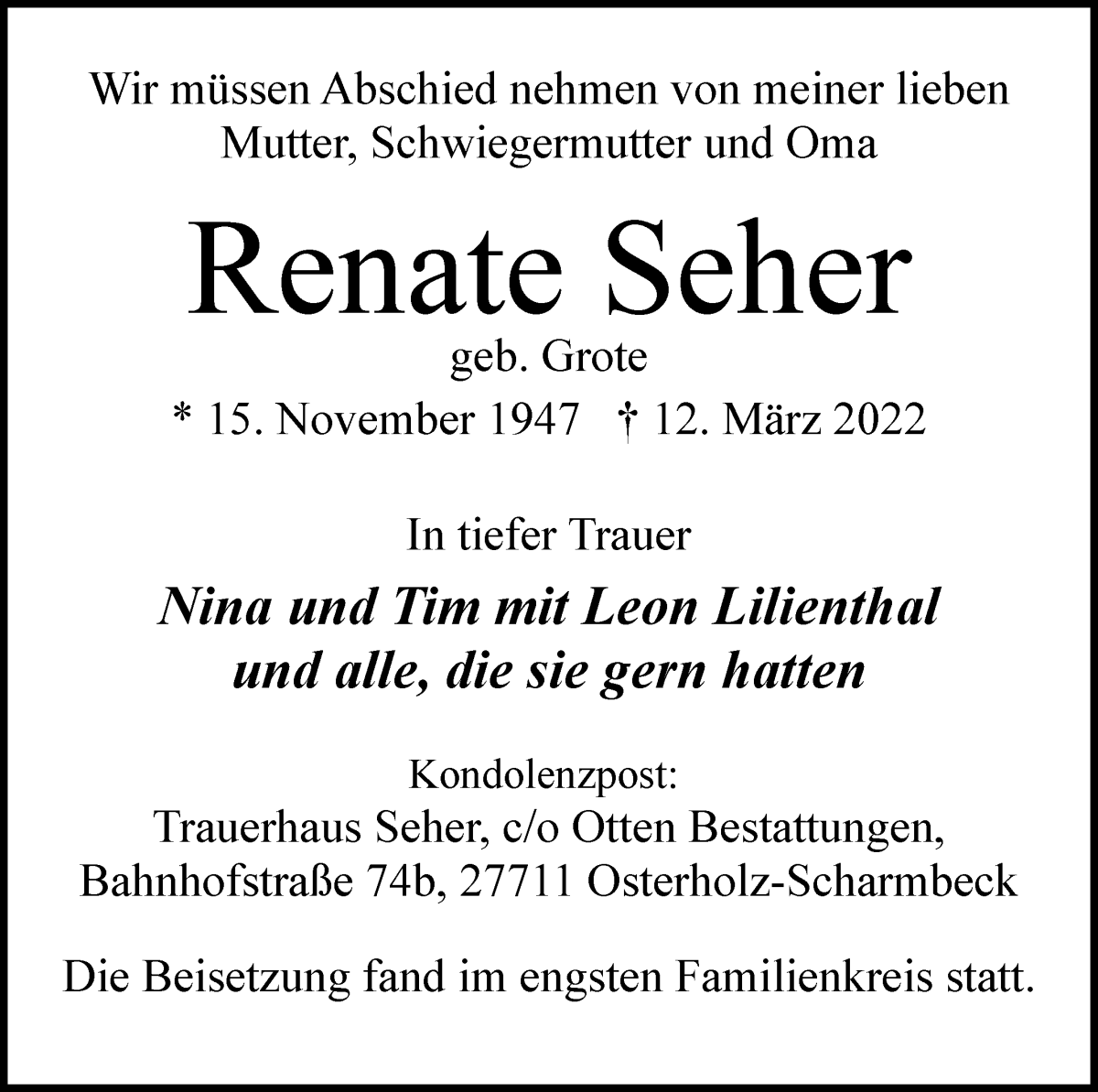  Traueranzeige für Renate Seher vom 28.03.2022 aus Osterholzer Kreisblatt