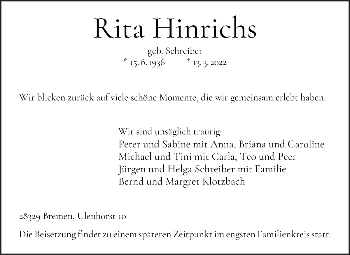 Traueranzeige von Rita Hinrichs von WESER-KURIER