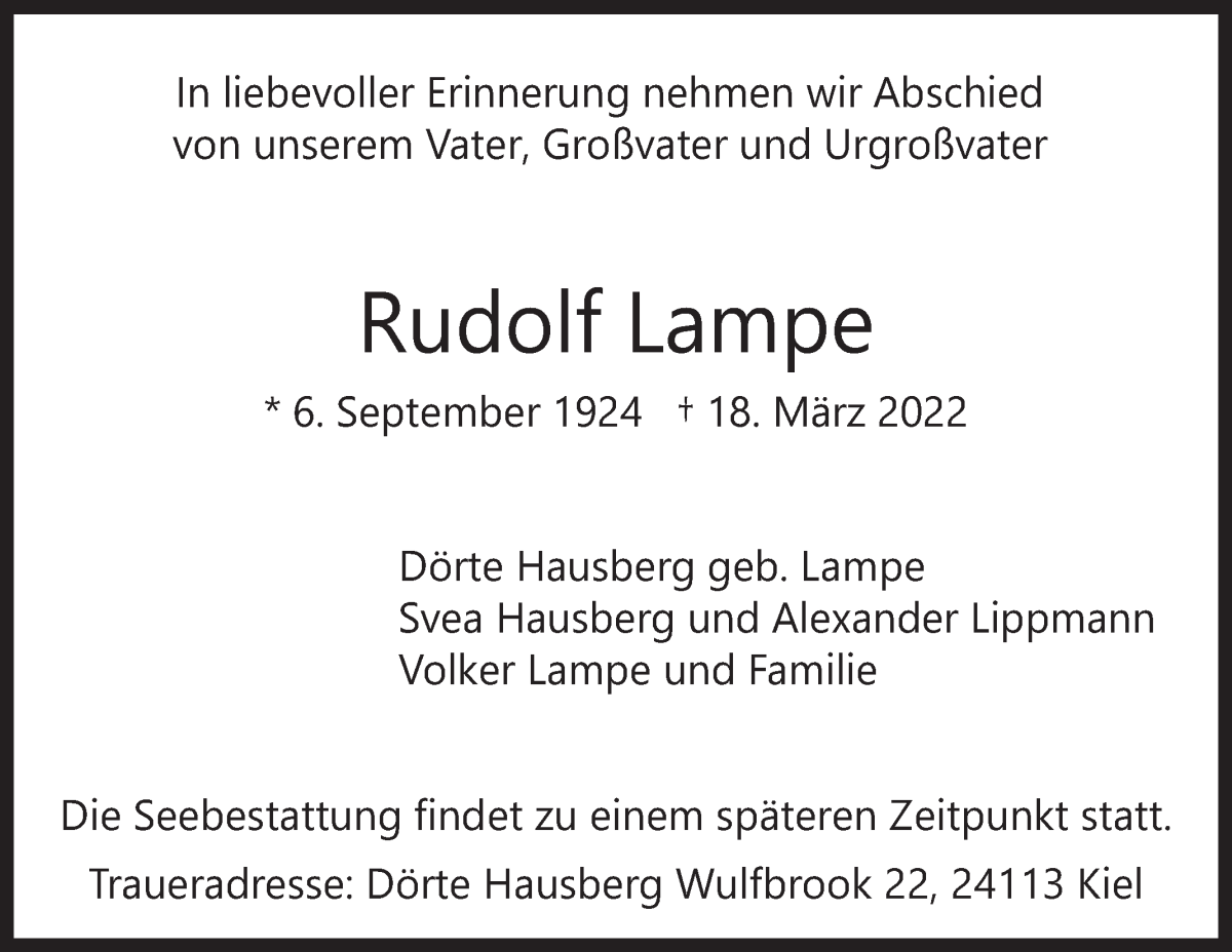  Traueranzeige für Rudolf Lampe vom 26.03.2022 aus Die Norddeutsche