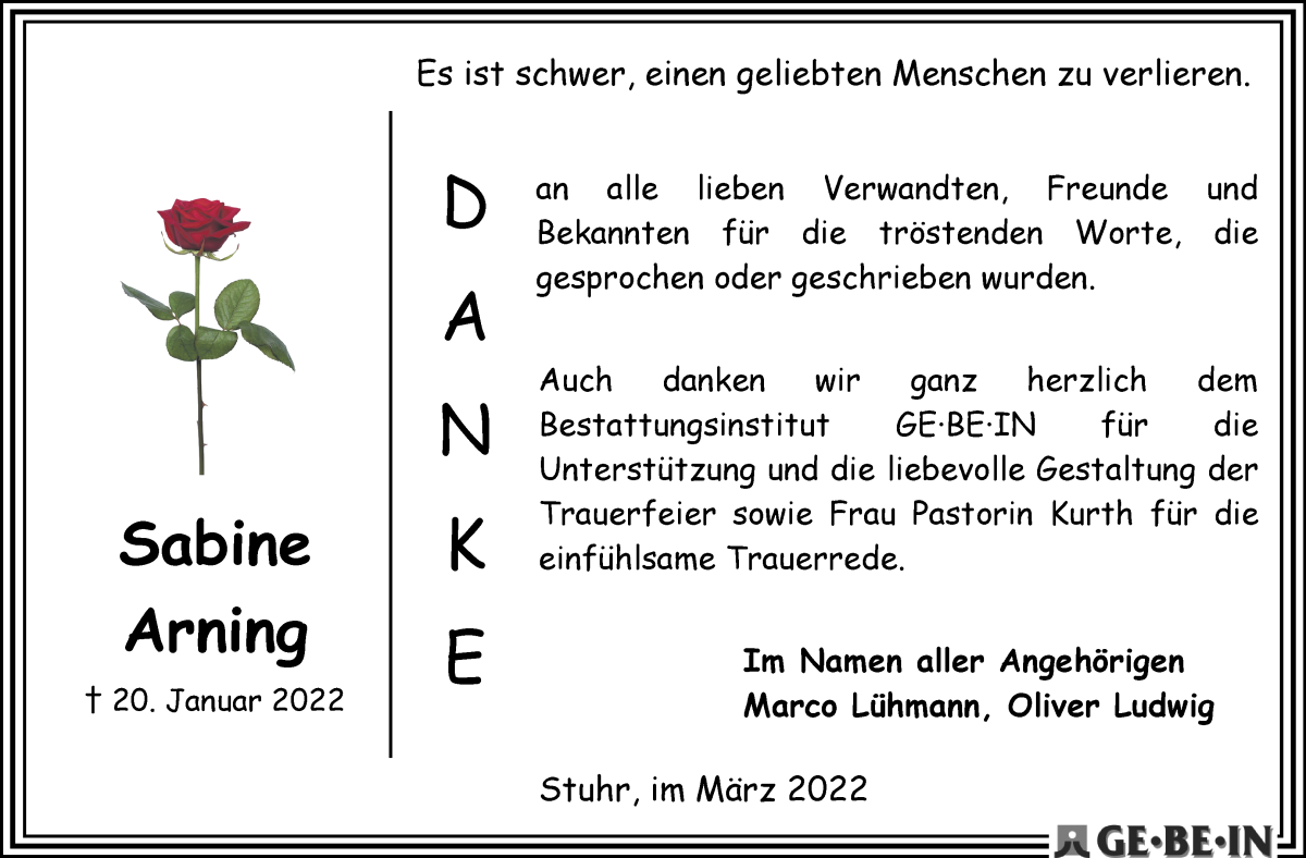  Traueranzeige für Sabine Arning vom 05.03.2022 aus WESER-KURIER