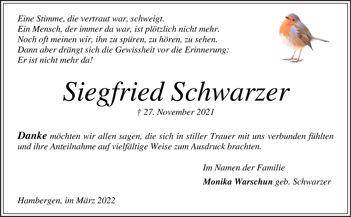 Traueranzeige von Siegfried Schwarzer von Osterholzer Kreisblatt