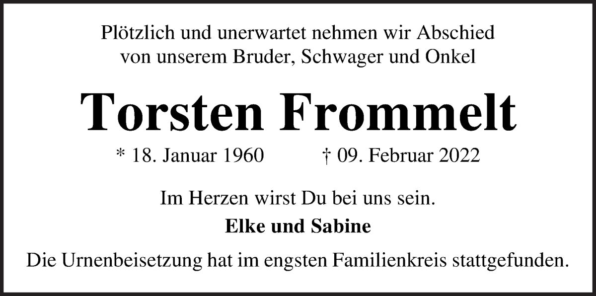  Traueranzeige für Torsten Frommelt vom 12.03.2022 aus WESER-KURIER