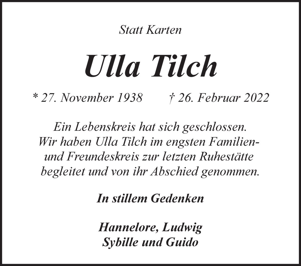 Traueranzeige von Ulla Tilch von WESER-KURIER