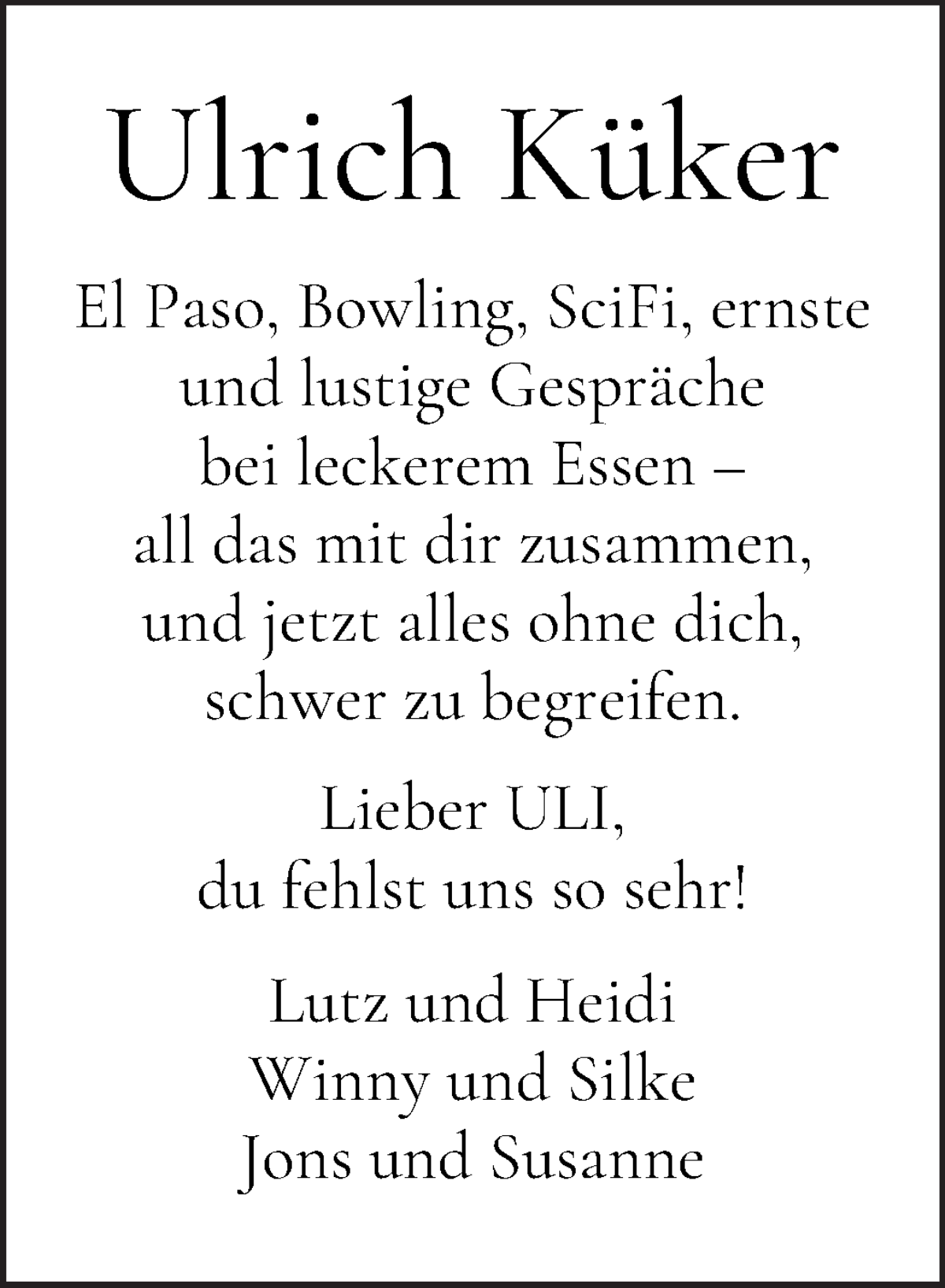 Traueranzeige von Ulrich Küker von WESER-KURIER