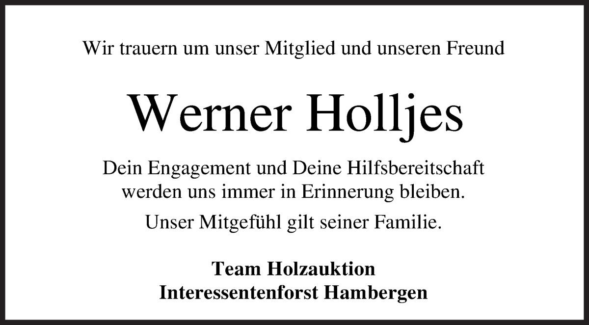  Traueranzeige für Werner Holljes vom 25.03.2022 aus Osterholzer Kreisblatt