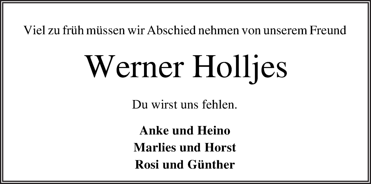  Traueranzeige für Werner Holljes vom 25.03.2022 aus Osterholzer Kreisblatt