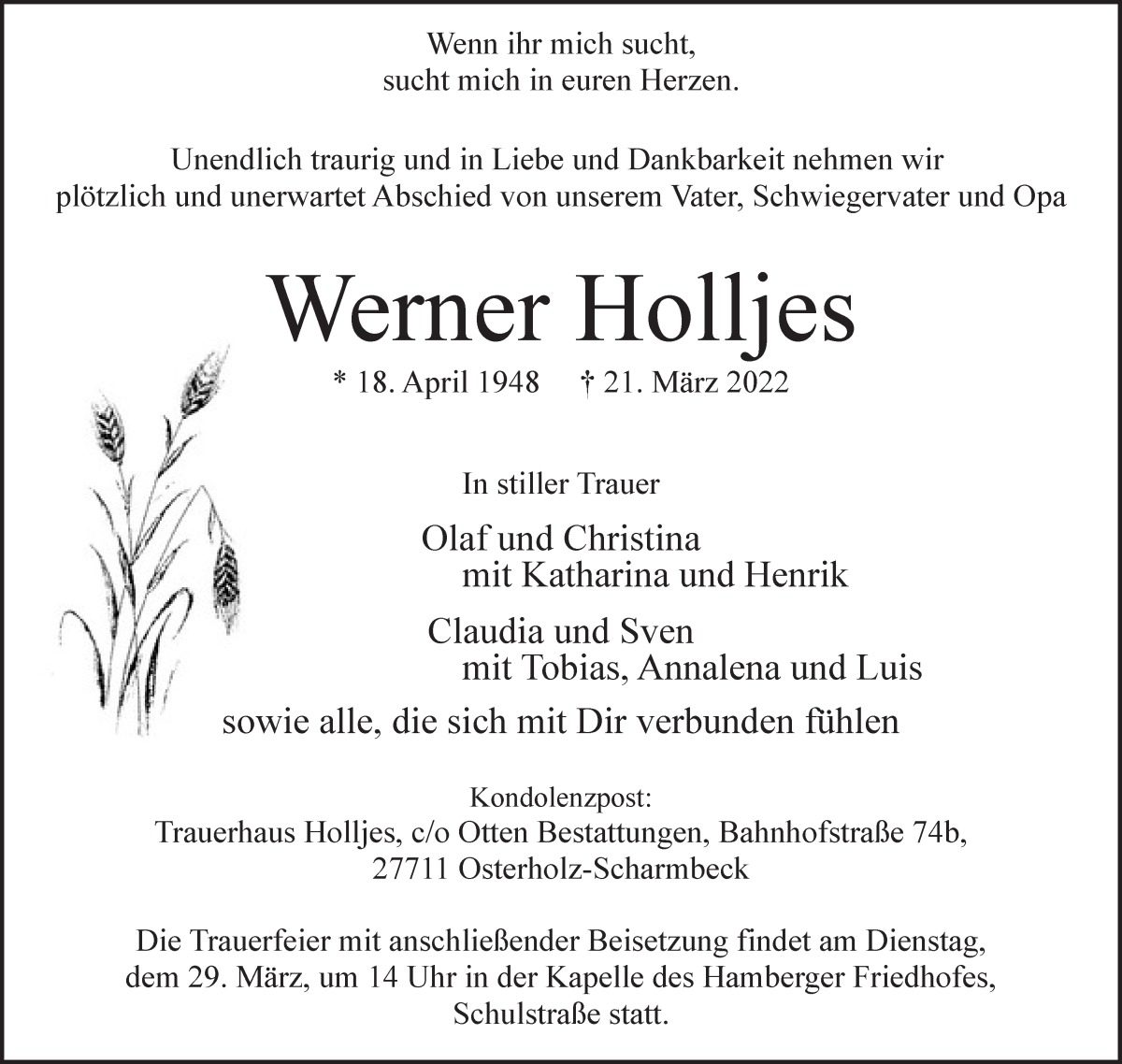  Traueranzeige für Werner Holljes vom 23.03.2022 aus Osterholzer Kreisblatt