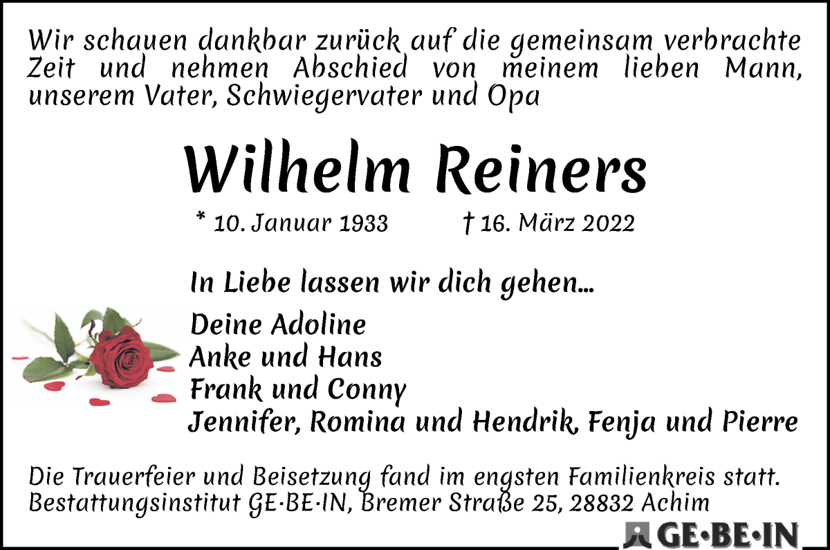 Traueranzeige von Wilhelm Reiners von WESER-KURIER