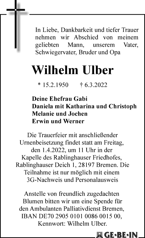 Traueranzeige von Wilhelm Ulber von WESER-KURIER