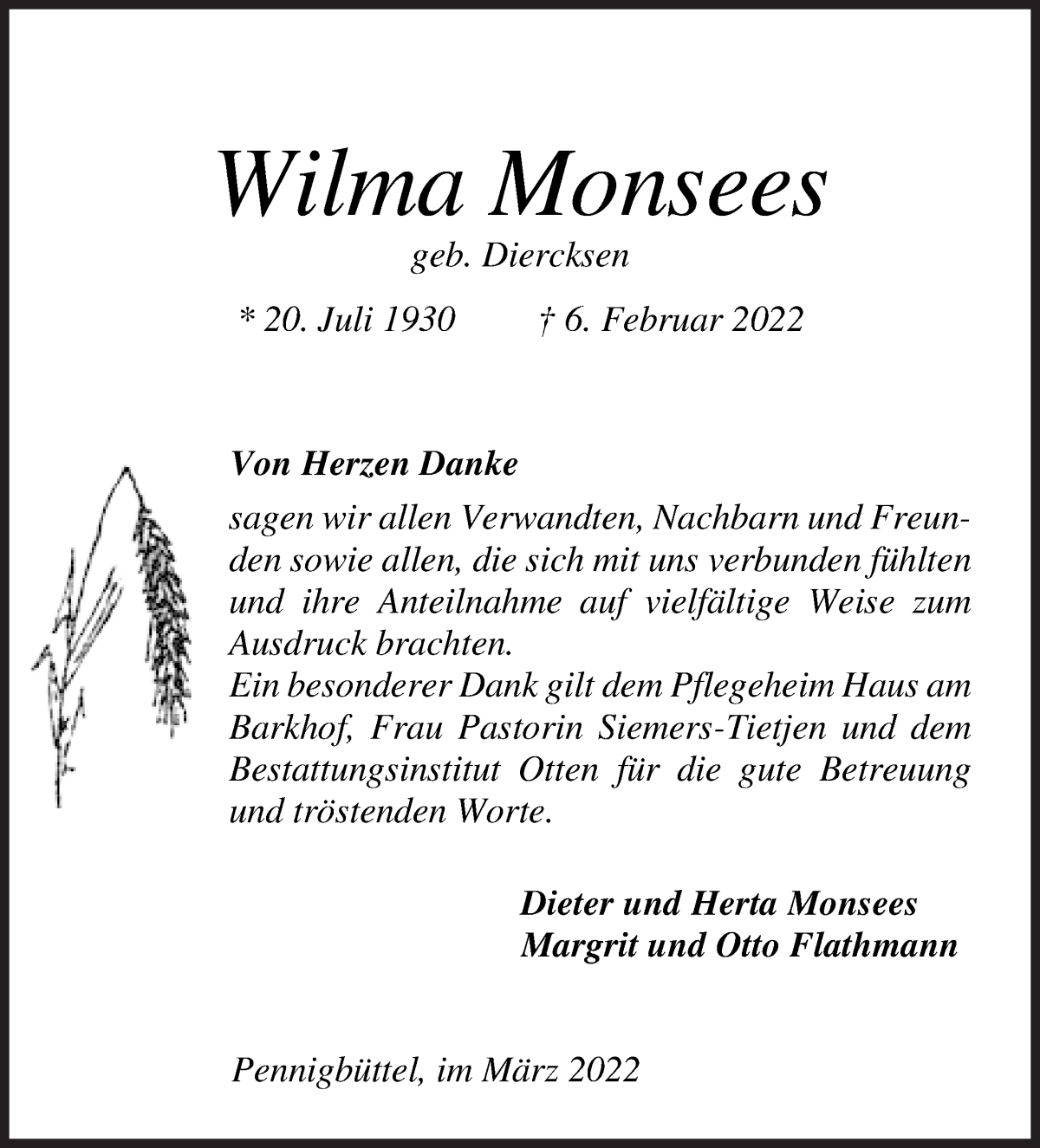 Traueranzeige von Wilma Monsees von Osterholzer Kreisblatt