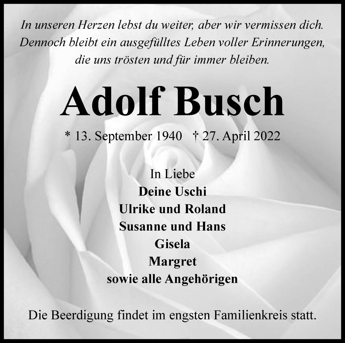  Traueranzeige für Adolf Busch vom 30.04.2022 aus WESER-KURIER