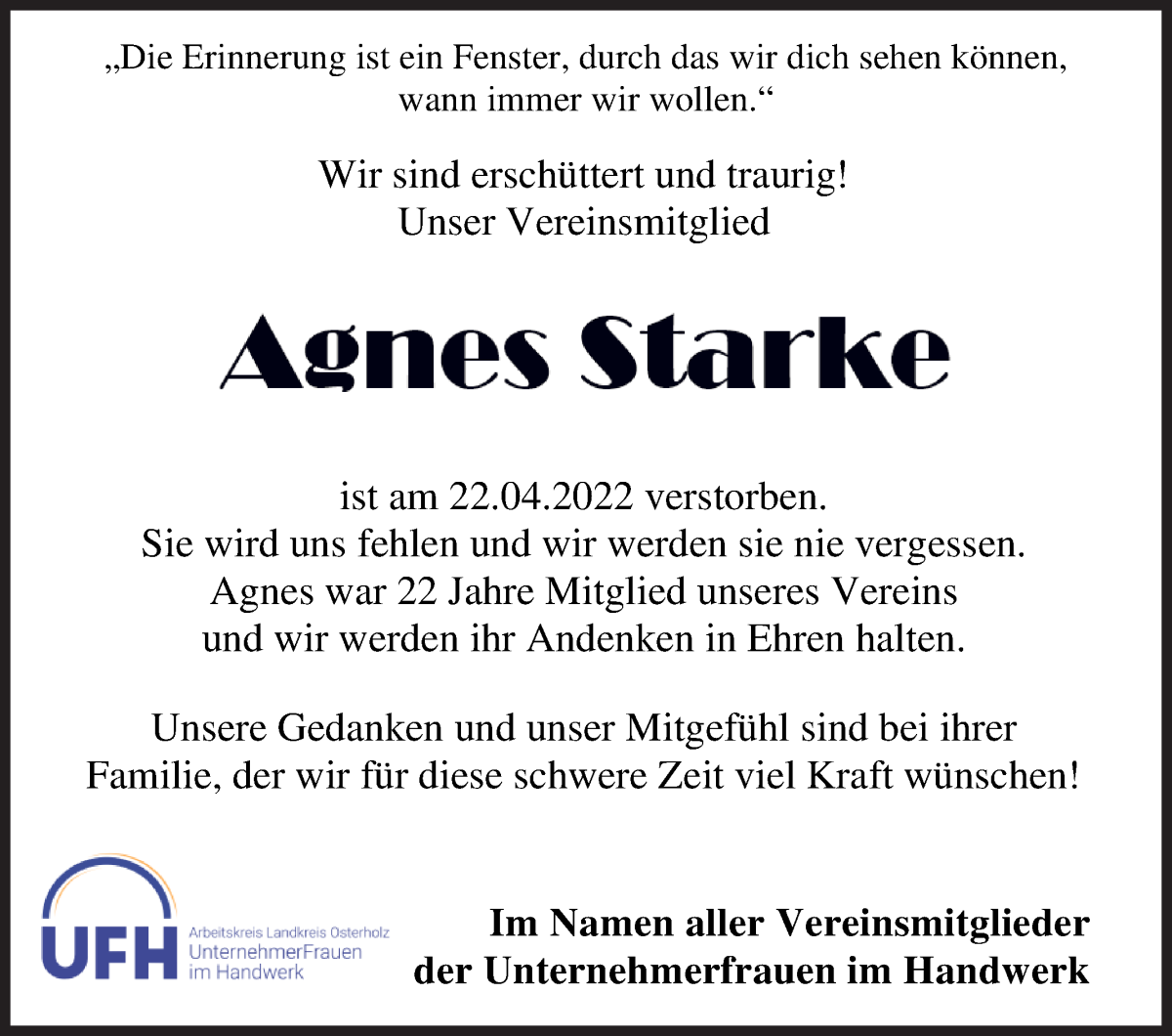 Traueranzeige von Agnes Starke von Osterholzer Kreisblatt