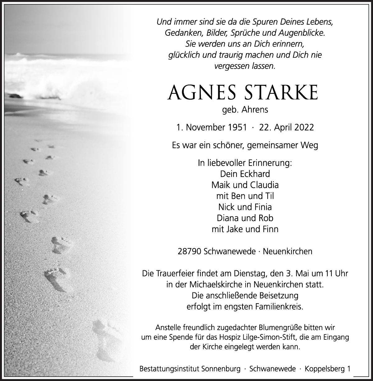 Traueranzeige von Agnes Starke von Die Norddeutsche