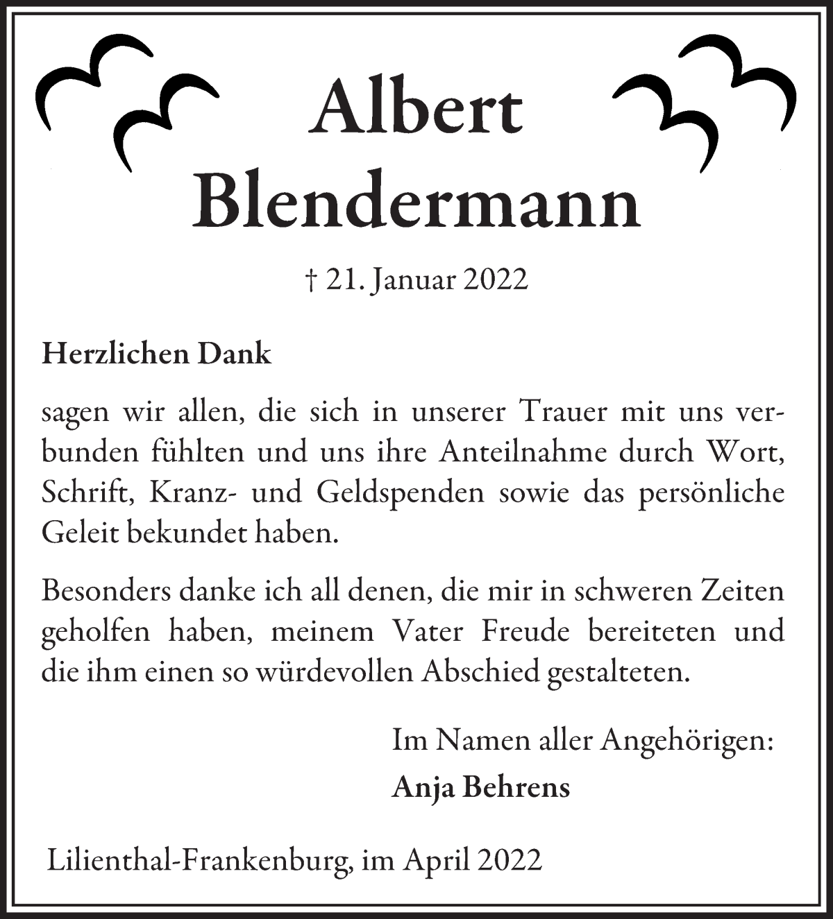  Traueranzeige für Albert Blendermann vom 09.04.2022 aus Wuemme Zeitung
