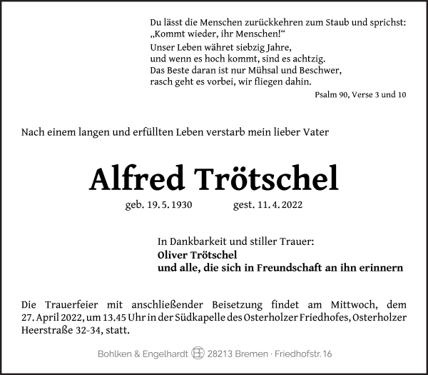 Traueranzeige von Alfred Trötschel von WESER-KURIER