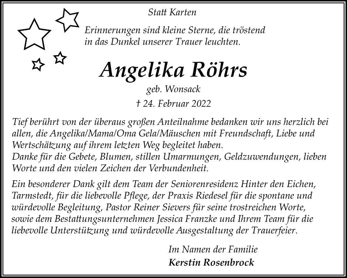 Traueranzeige von Angelika Röhrs von Wuemme Zeitung